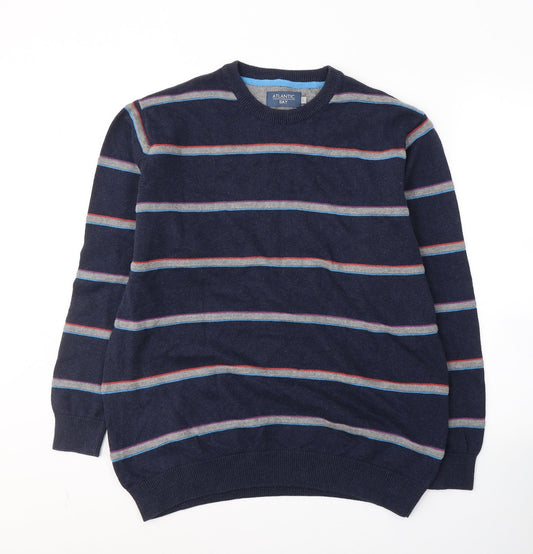 Atlantic Bay Mens Blue Round Neck Striped Cotton Pullover Jumper Size L