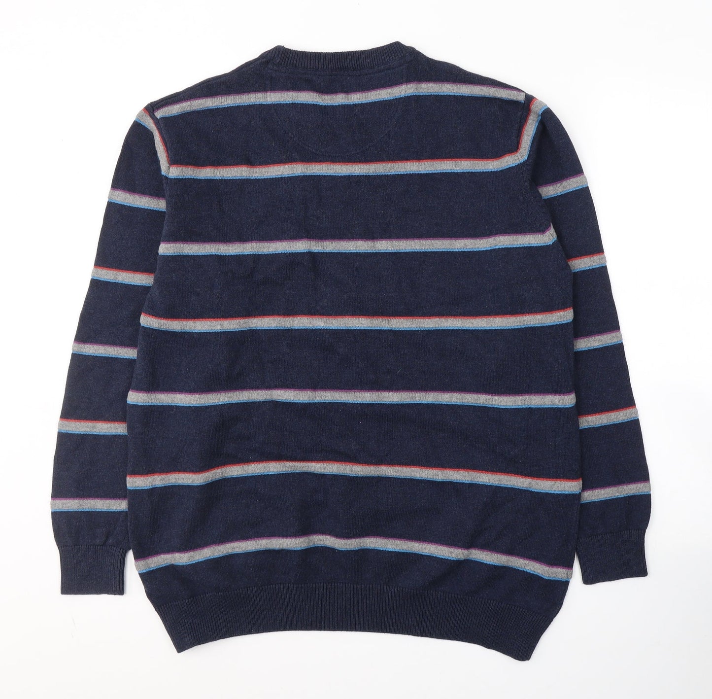 Atlantic Bay Mens Blue Round Neck Striped Cotton Pullover Jumper Size L