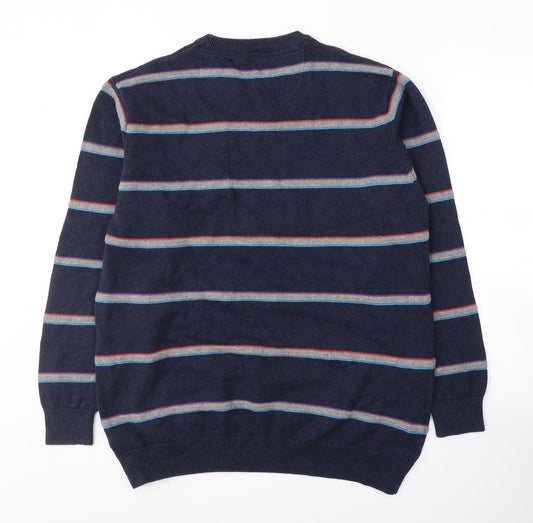 Atlantic Bay Mens Blue Round Neck Striped Cotton Pullover Jumper Size L