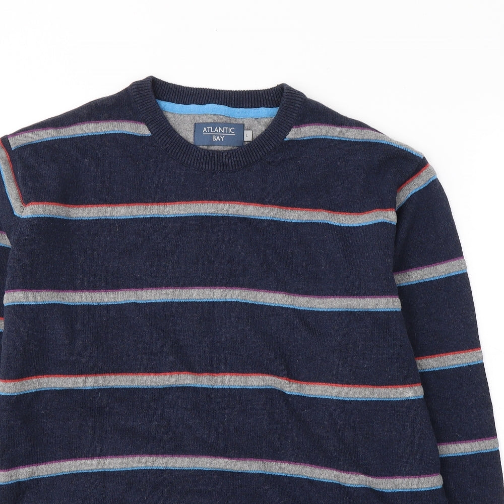Atlantic Bay Mens Blue Round Neck Striped Cotton Pullover Jumper Size L
