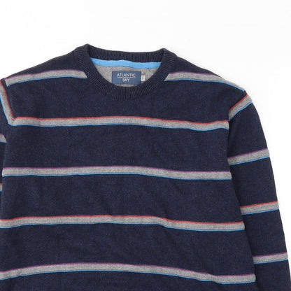 Atlantic Bay Mens Blue Round Neck Striped Cotton Pullover Jumper Size L