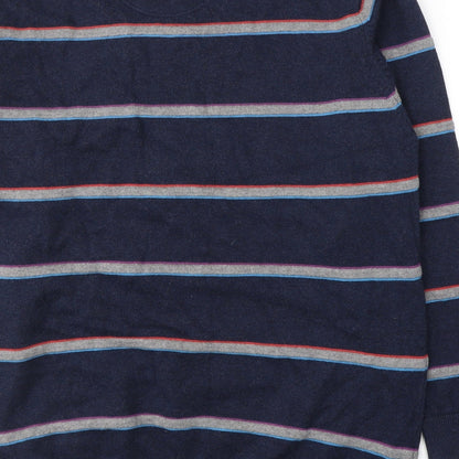 Atlantic Bay Mens Blue Round Neck Striped Cotton Pullover Jumper Size L