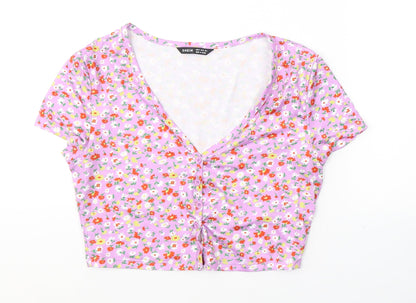 SheIn Womens Purple Floral Polyester Cropped Button-Up Size M V-Neck