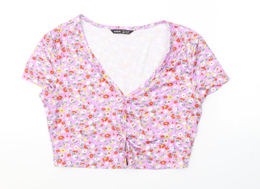 SheIn Womens Purple Floral Polyester Cropped Button-Up Size M V-Neck
