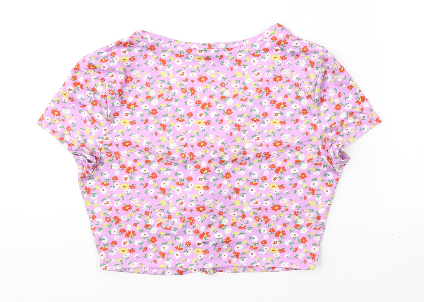 SheIn Womens Purple Floral Polyester Cropped Button-Up Size M V-Neck