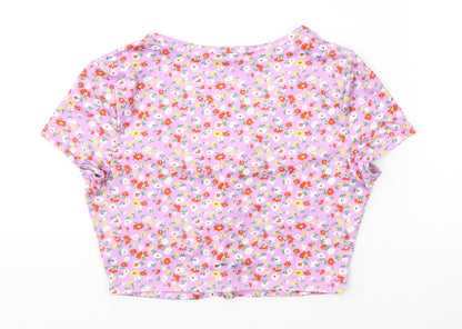 SheIn Womens Purple Floral Polyester Cropped Button-Up Size M V-Neck