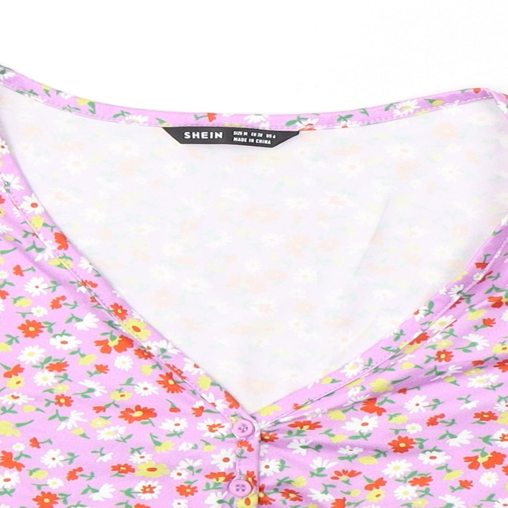 SheIn Womens Purple Floral Polyester Cropped Button-Up Size M V-Neck