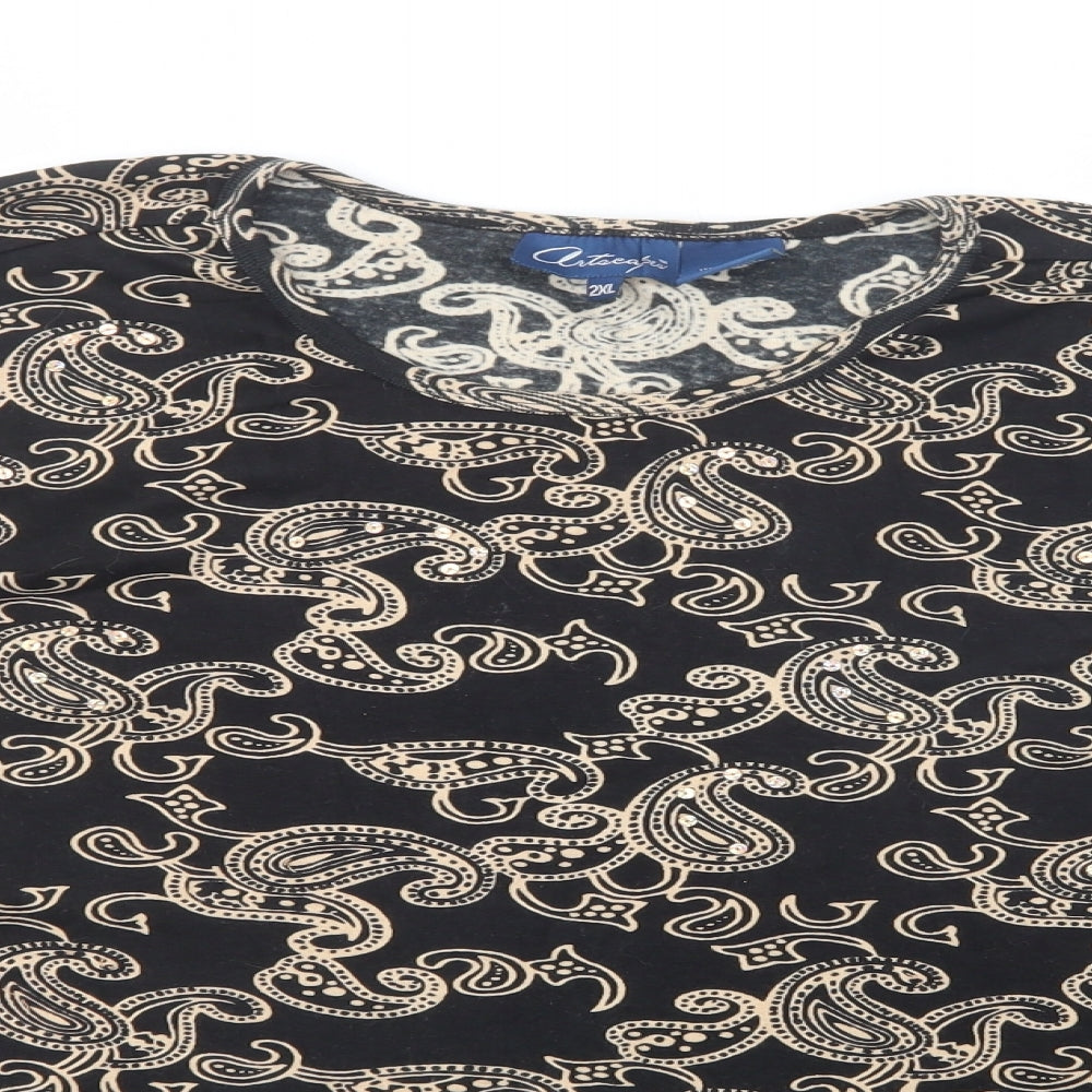 Artacabea Womens Black Paisley Cotton Basic Blouse Size 2XL Crew Neck