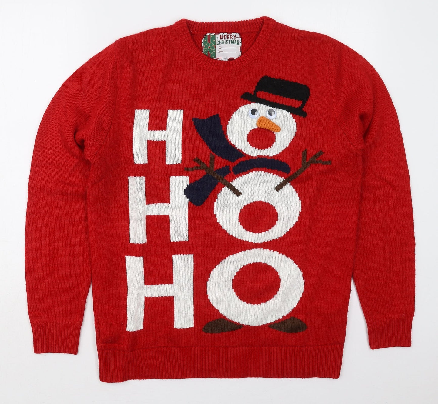 Cedar Wood State Mens Red Crew Neck  Acrylic Pullover Jumper Size M   - Ho Ho Ho Snowman