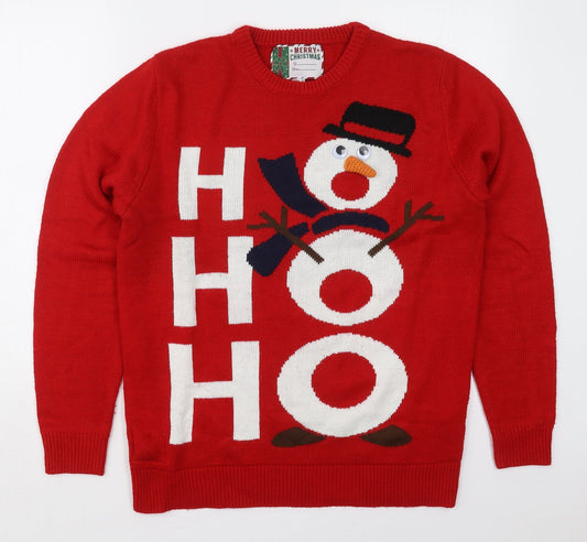 Cedar Wood State Mens Red Crew Neck  Acrylic Pullover Jumper Size M   - Ho Ho Ho Snowman