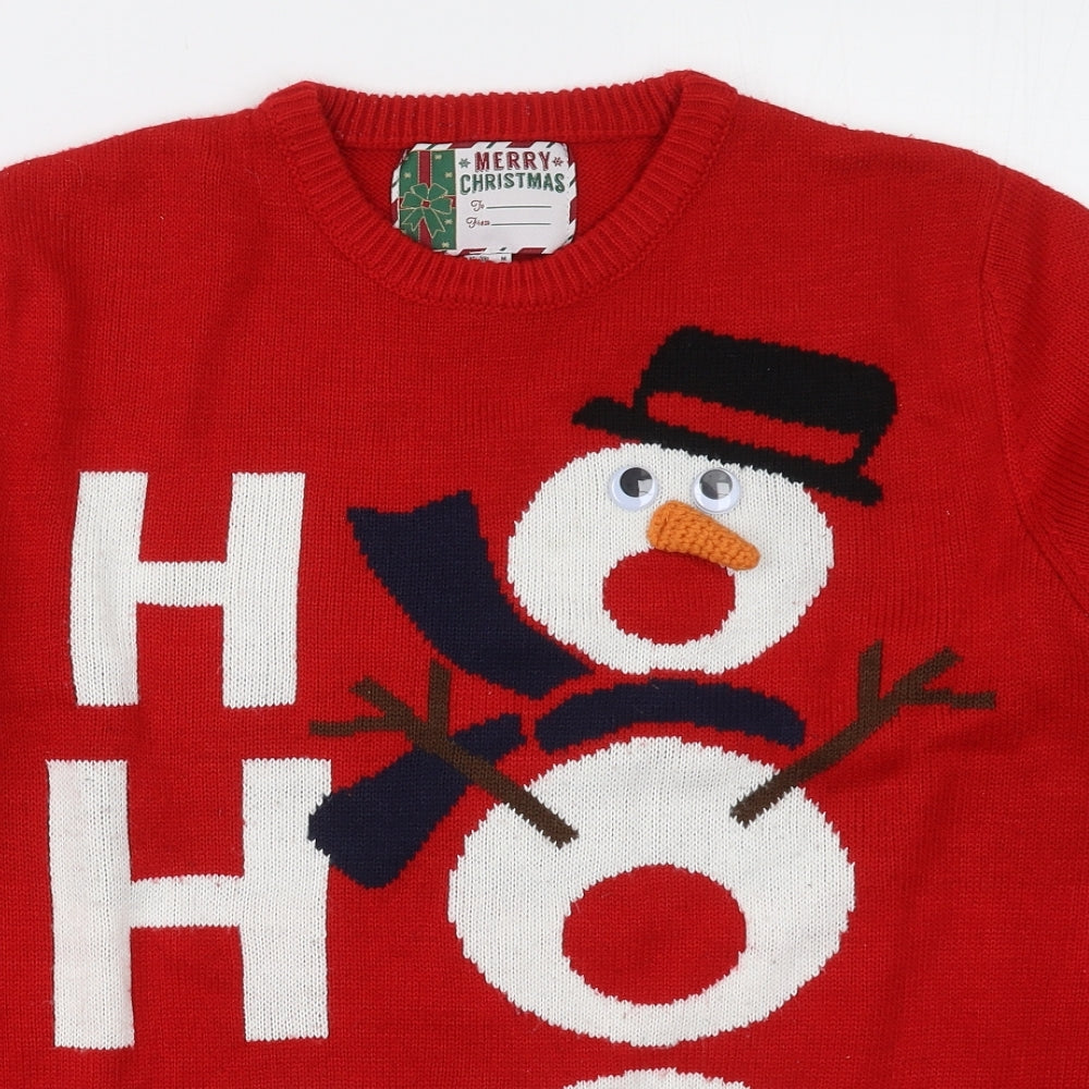 Cedar Wood State Mens Red Crew Neck  Acrylic Pullover Jumper Size M   - Ho Ho Ho Snowman