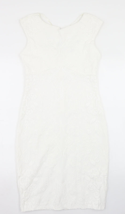 Jane Norman Womens White  Polyester Pencil Dress  Size 10  Round Neck Zip