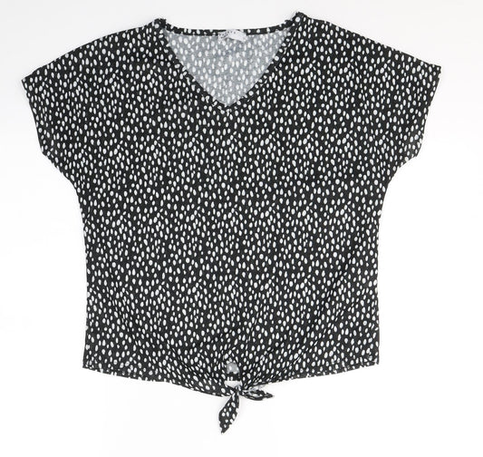 Papaya Womens Black Polka Dot Polyester Basic T-Shirt Size 12 Round Neck - tie detail