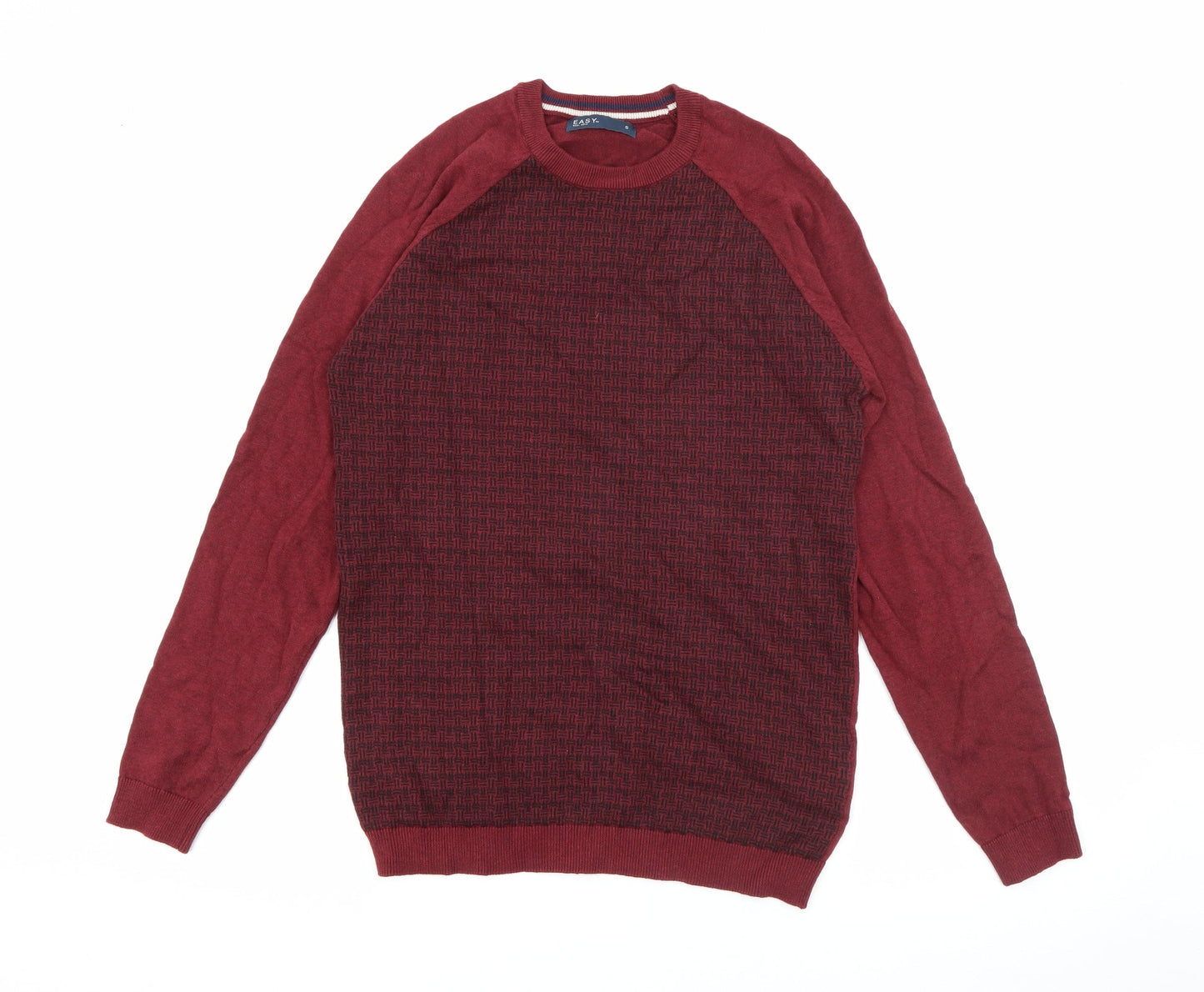 Easy Mens Red Crew Neck Geometric Cotton Pullover Jumper Size S