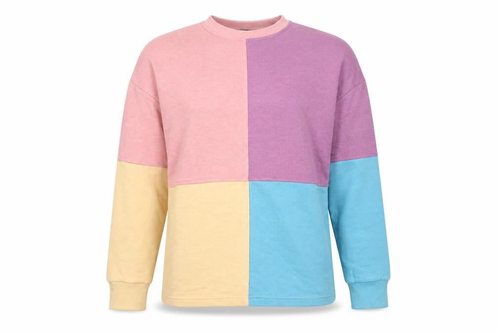 Front view of Boohoo women’s multicoloured colourblock polyester pullover sweatshirt, size UK 10, pullover