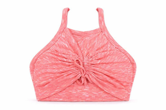 Front view of Missy Empire women’s pink polyester cropped tank, size UK 10, high neck