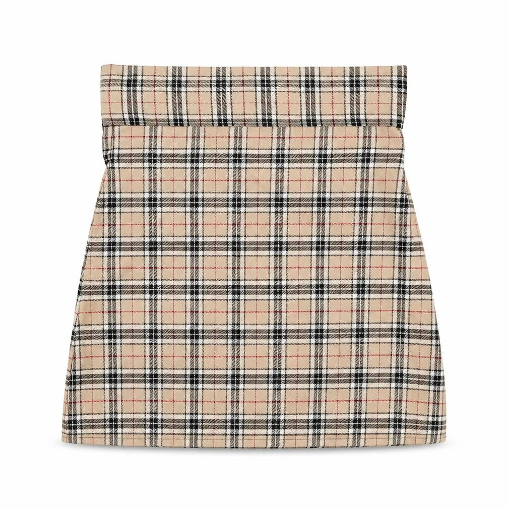 Front view of Preworn women’s beige plaid polyester a-line skirt, size UK 28, in zip
