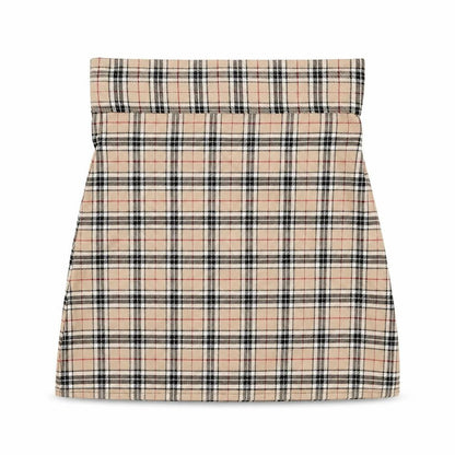Front view of Preworn women’s beige plaid polyester a-line skirt, size UK 28, in zip