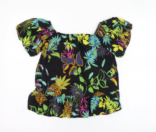 Primark Womens Black Floral Viscose Basic Blouse Size 8 Square Neck