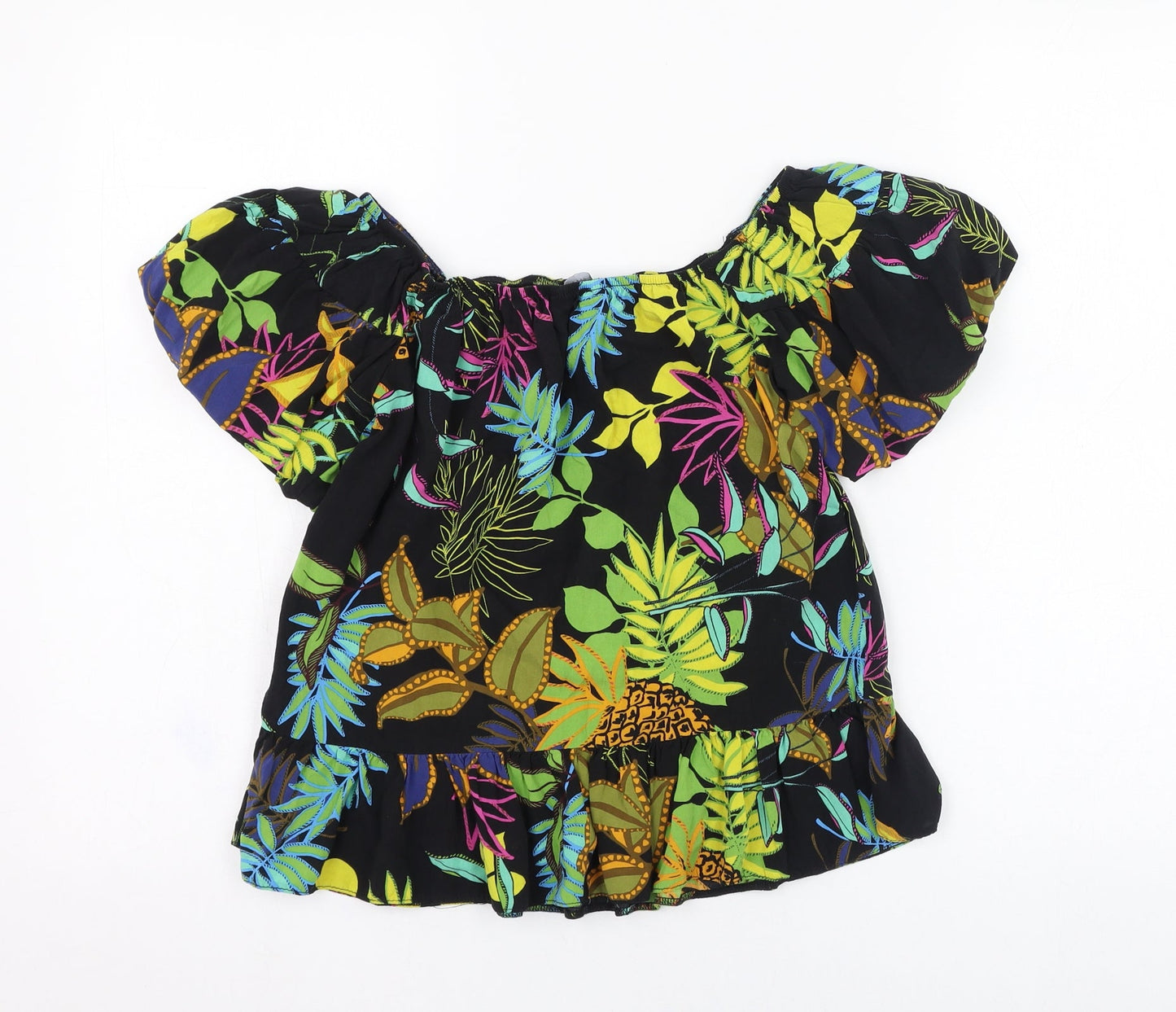 Primark Womens Black Floral Viscose Basic Blouse Size 8 Square Neck