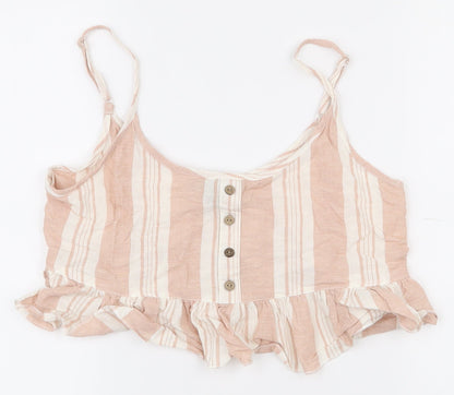 Primark Womens Pink Striped Polyester Cropped T-Shirt Size 6 Scoop Neck