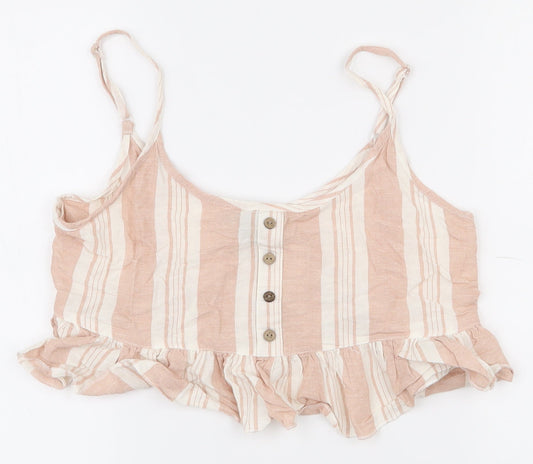 Primark Womens Pink Striped Polyester Cropped T-Shirt Size 6 Scoop Neck
