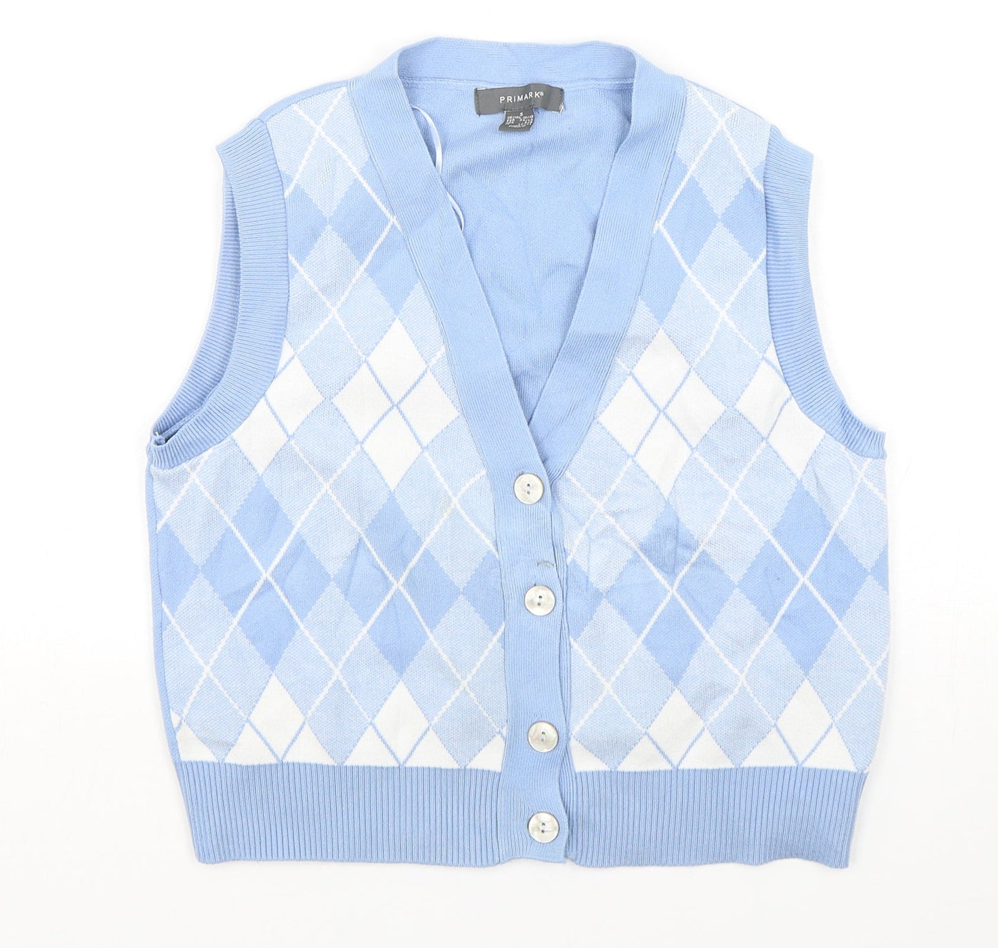 Primark Womens Blue V-Neck Argyle/Diamond Viscose Cardigan Jumper Size 10