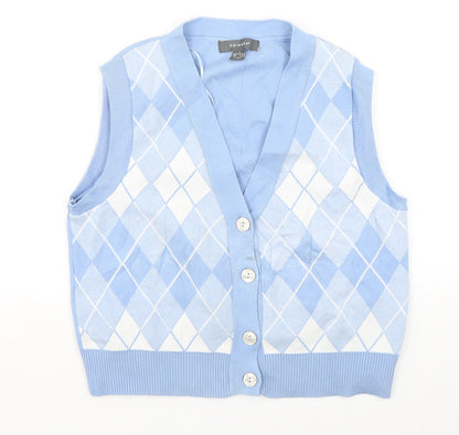 Primark Womens Blue V-Neck Argyle/Diamond Viscose Cardigan Jumper Size 10