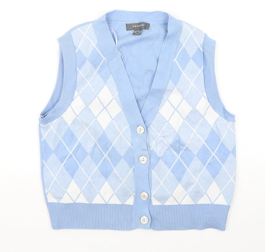 Primark Womens Blue V-Neck Argyle/Diamond Viscose Cardigan Jumper Size 10