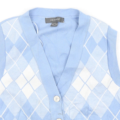 Primark Womens Blue V-Neck Argyle/Diamond Viscose Cardigan Jumper Size 10
