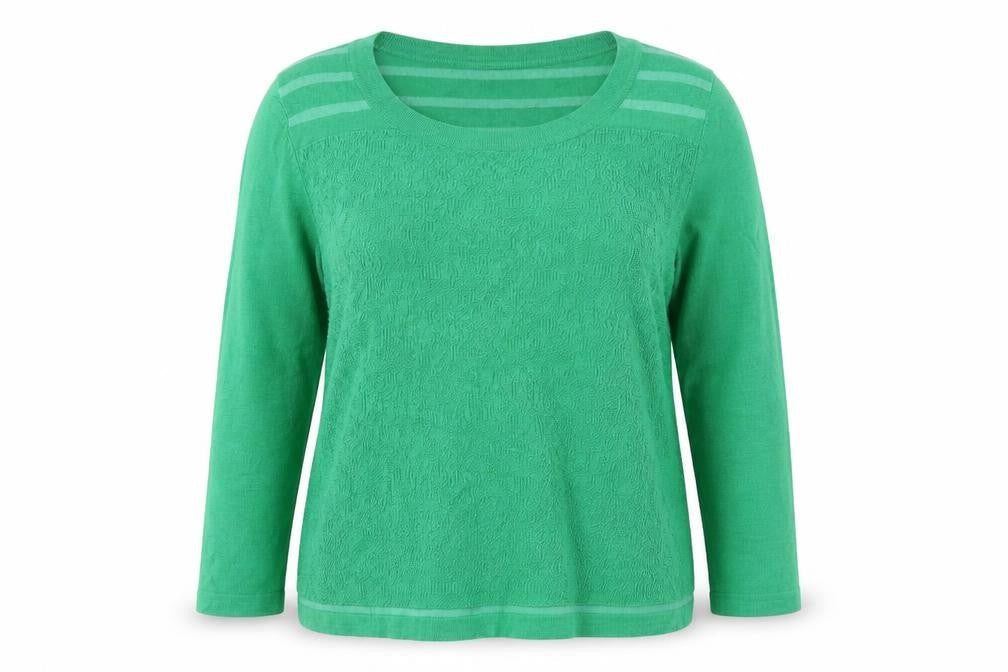 Front view of Per Una women’s green round neck striped viscose jumper, size UK 12