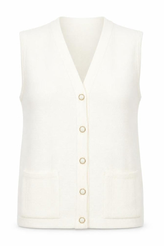 Front view of Merry Gold women’s ivory v-neck acrylic vest jumper, size S
