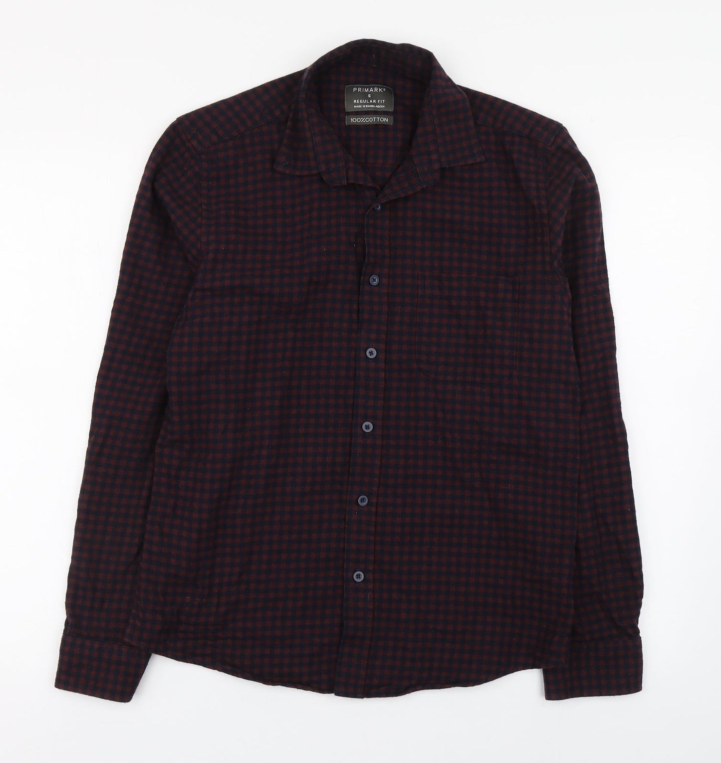 Primark Mens Brown Check Cotton  Button-Up Size S Collared Button