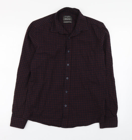 Primark Mens Brown Check Cotton  Button-Up Size S Collared Button