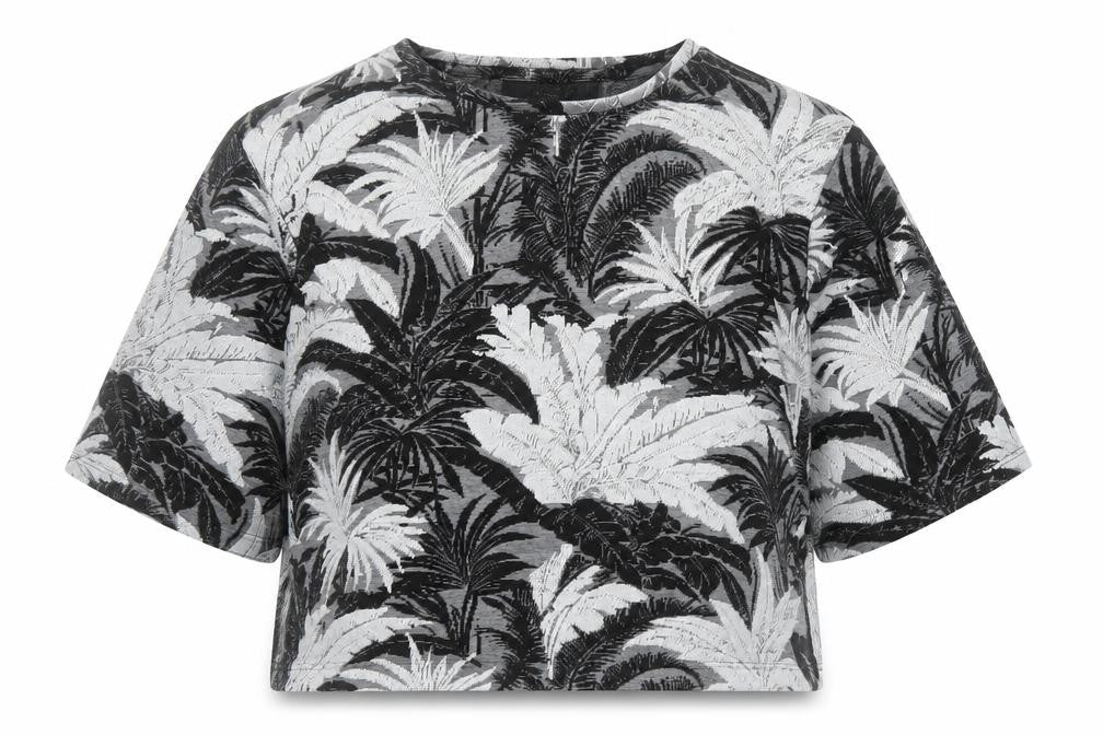 Front view of Topshop women’s black floral viscose cropped t-shirt, size UK 8, round neck