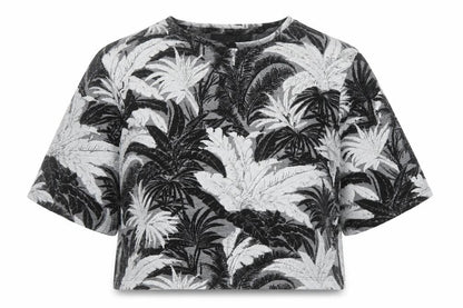 Front view of Topshop women’s black floral viscose cropped t-shirt, size UK 8, round neck