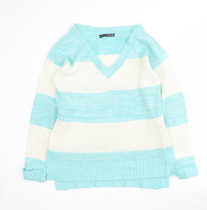 Primark Womens Blue V-Neck Striped Acrylic Pullover Jumper Size 10