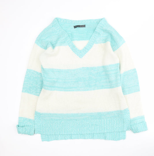 Primark Womens Blue V-Neck Striped Acrylic Pullover Jumper Size 10