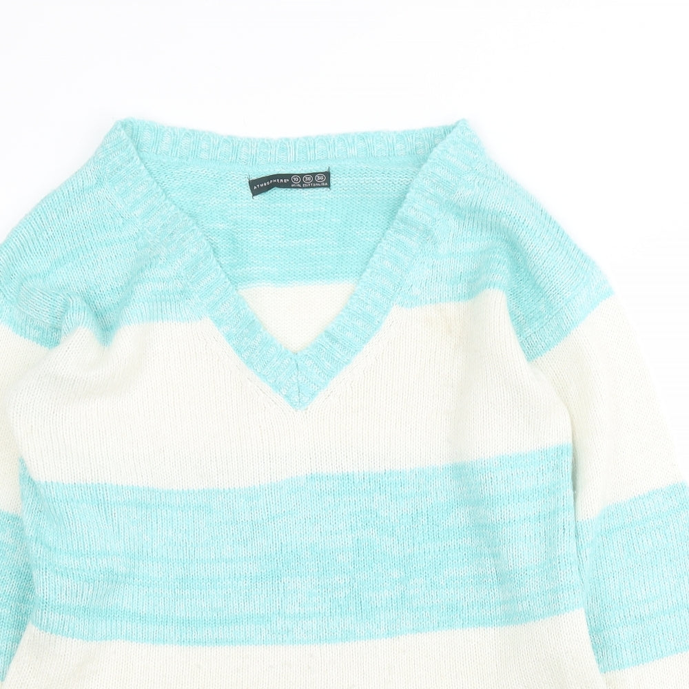 Primark Womens Blue V-Neck Striped Acrylic Pullover Jumper Size 10