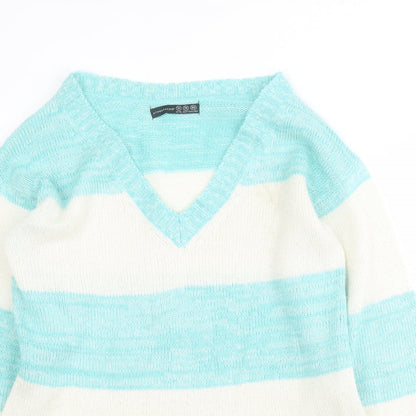 Primark Womens Blue V-Neck Striped Acrylic Pullover Jumper Size 10