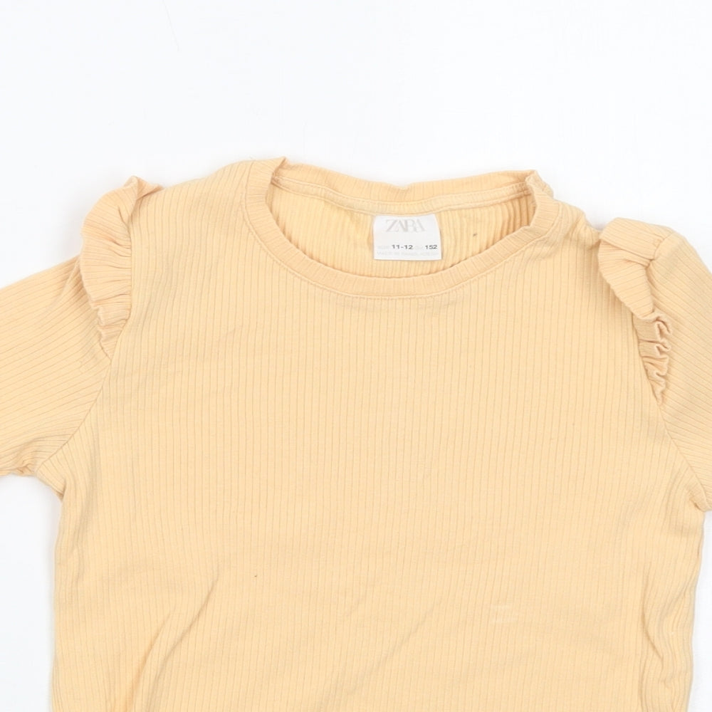 Zara Girls Yellow  Cotton Pullover T-Shirt Size 11-12 Years Crew Neck Pullover