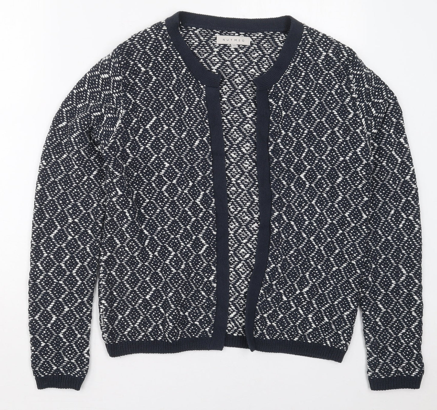 Nutmeg Womens Grey V-Neck Geometric Cotton Cardigan Jumper Size 12