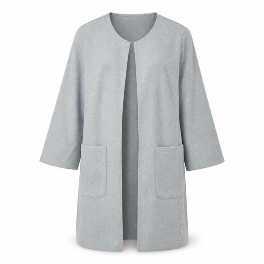 Front view of Gerard women’s grey crew neck polyester cardigan jumper, size UK 12