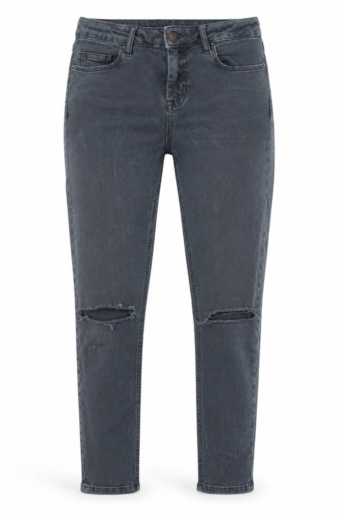 Front view of Topshop women’s grey cotton skinny jeans, size UK 28, in, 28-inch leg slim zip
