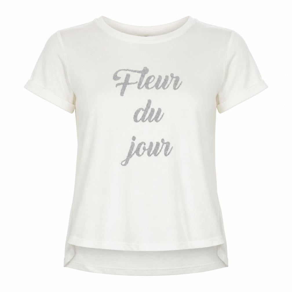 Front view of Max women’s white polyester jersey t-shirt, size UK 10, round neck - fleur du jour