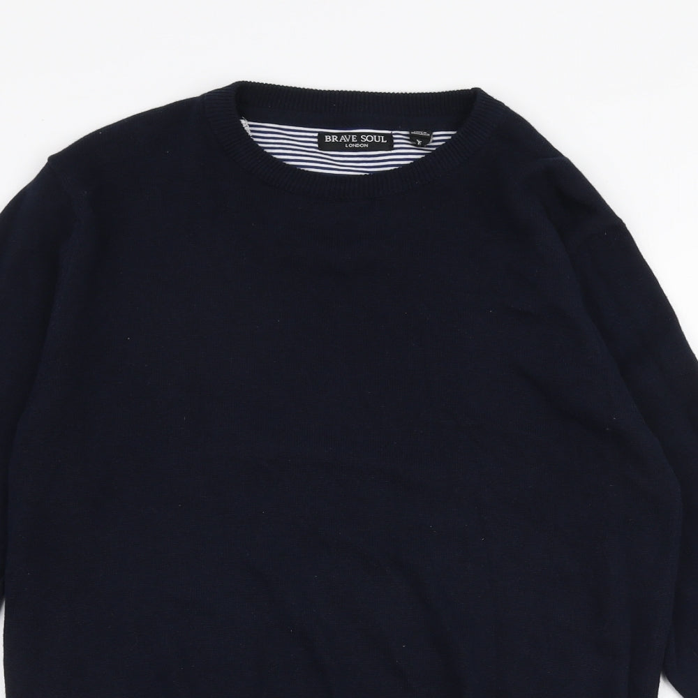 Brave Soul Mens Blue Round Neck  Cotton Pullover Jumper Size XS