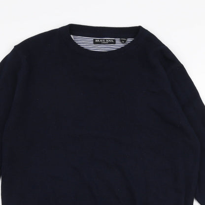 Brave Soul Mens Blue Round Neck  Cotton Pullover Jumper Size XS