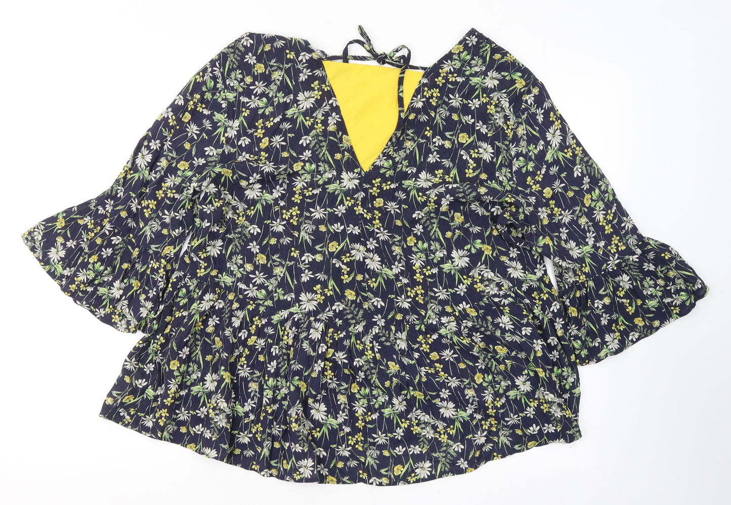 F&F Womens Blue Floral Viscose Jersey Blouse Size 14 V-Neck