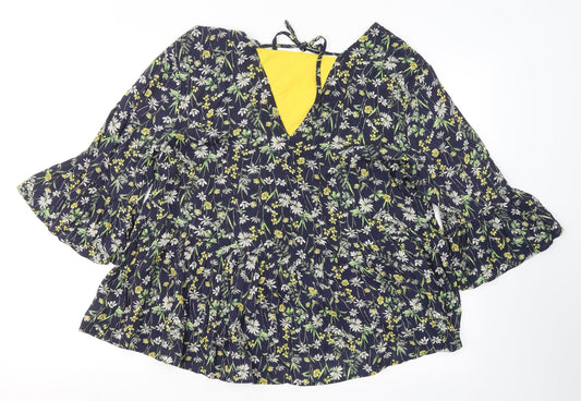F&F Womens Blue Floral Viscose Jersey Blouse Size 14 V-Neck