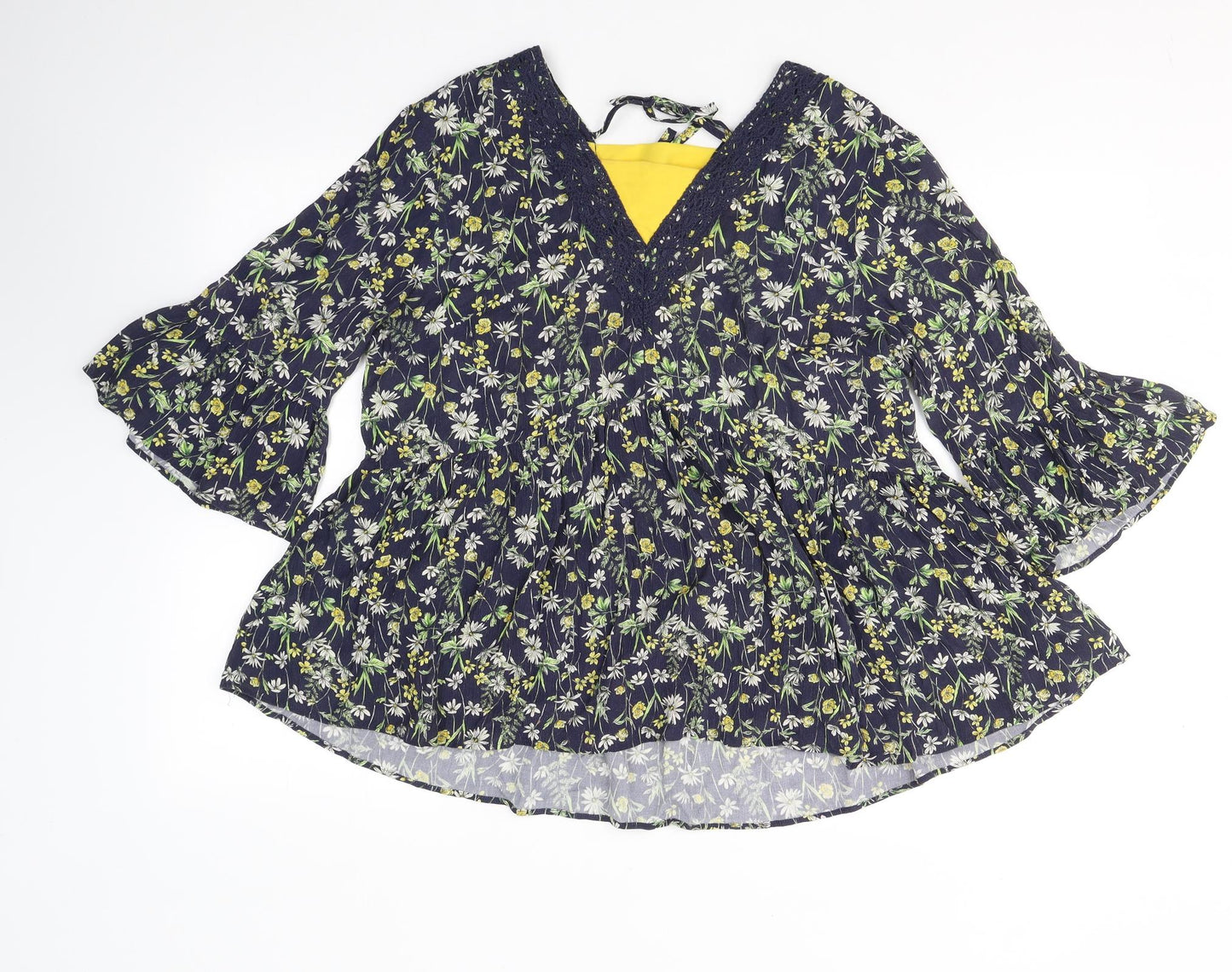 F&F Womens Blue Floral Viscose Jersey Blouse Size 14 V-Neck